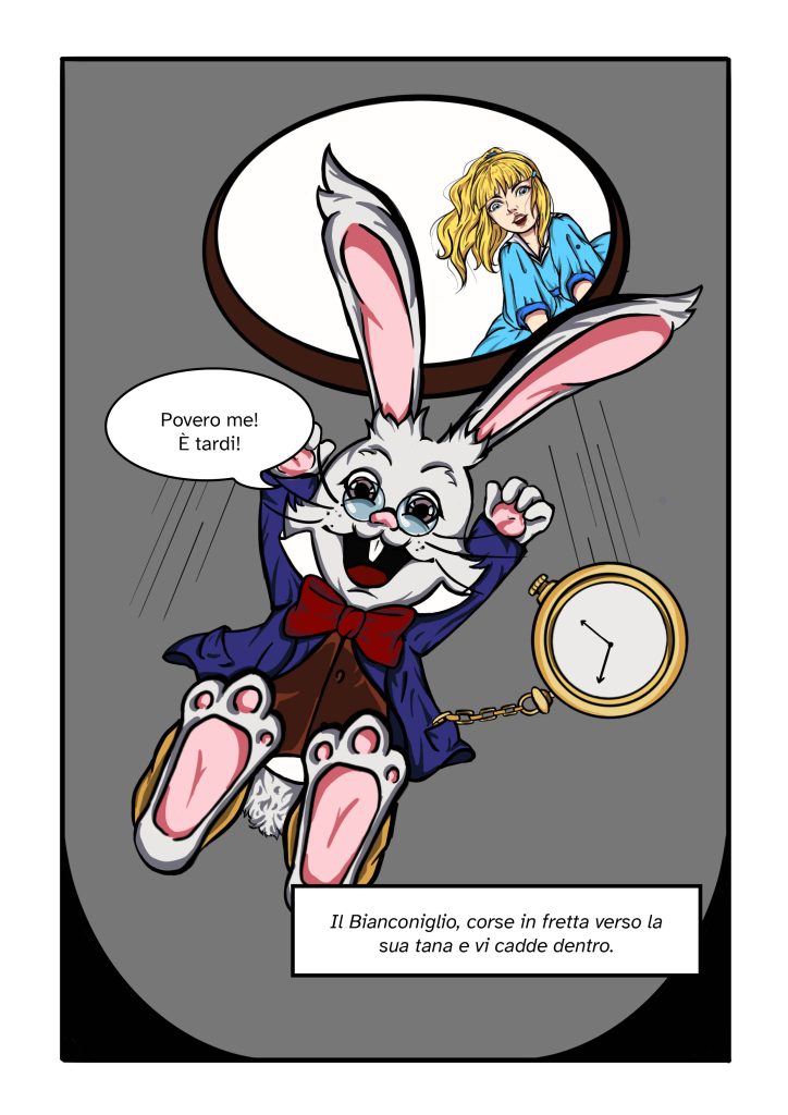 il Bianconiglio corse verso la sua tana e vi cadde dentro pvoero me e tardi