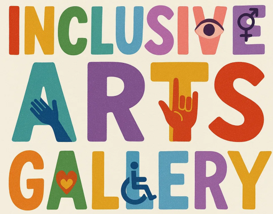 la scritta coloratissima inclusive arts gallery viene interpretata da segni e simboli di inlcisione sociale