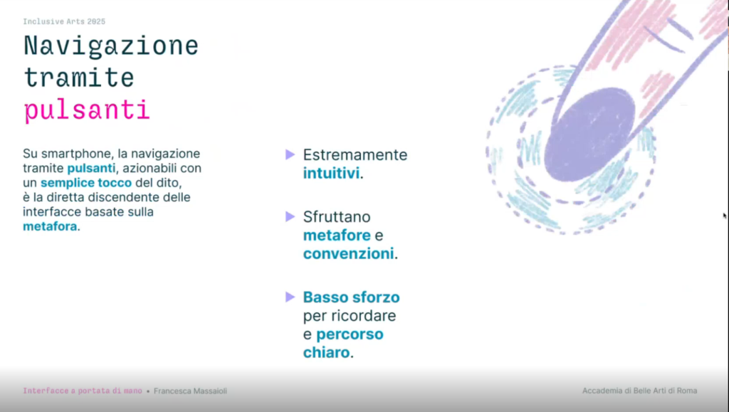 navigazione tramite pulsanti estremamente intuitivi azionabili con un semplice tocco del dito con basso sforzo mnemonico e percorso chiaro