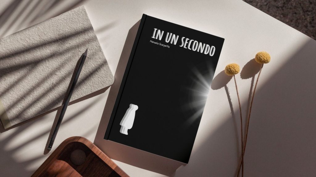 copertina della graphic novel IN UN SECONDO di Manela Scarpetta con la sagoma di una persona umana che osserva il titolo