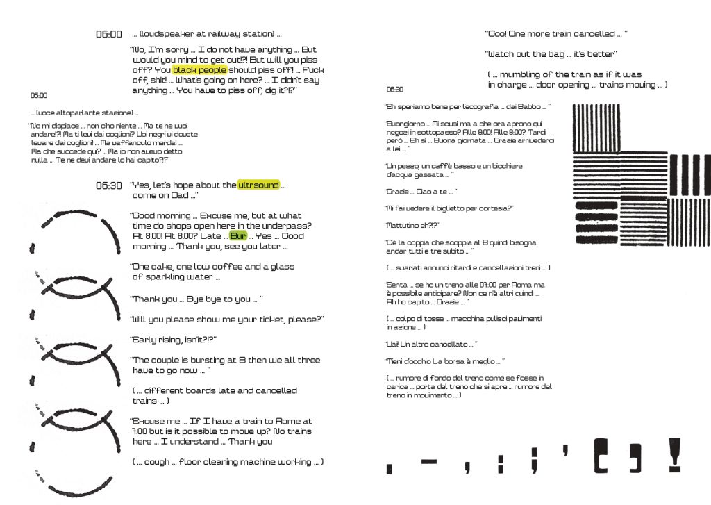 cerchi trame e segni di punteggiatura caratterizzano il testo in lingua inglese 06:00 … (loudspeaker at railway station) …
06:00
“No, I’m sorry … I do not have anything … But
would you mind to get out!?! But will you piss
off? You black people should piss off! … Fuck
off, shit! … What’s going on here? … I didn’t say
anything … You have to piss off, dig it?!?” 06:30 “Yes, let’s hope about the ultrsound …
come on Dad …”
“Good morning … Excuse me, but at what
time do shops open here in the underpass?
At 8.00! At 8.00? Late … Bur … Yes … Good
morning … Thank you, see you later …
“One cake, one low coffee and a glass
of sparkling water …
“Thank you … Bye bye to you … ”
“Will you please show me your ticket, please?”
“Early rising, isn’it?!?”
“The couple is bursting at B then we all three
have to go now … ”
( … different boards late and cancelled
trains … )
“Excuse me … If I have a train to Rome at
7.00 but is it possible to move up? No trains
here … I understand … Thank you
( … cough … floor cleaning machine working … ) “Goo! One more train cancelled … ”
“Watch out the bag … it’s better”
06:30
( … mumbling of the train as if it was
in charge … door opening … trains moving … )